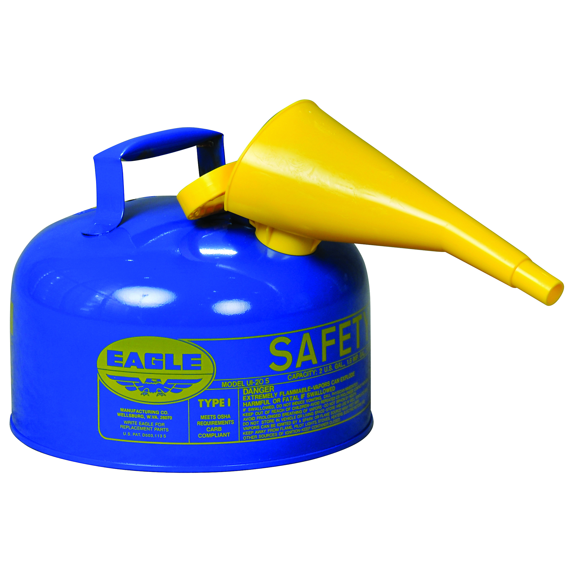 Eagle Type I Steel Safety Can for Kerosene — 2 Gallons, Flame Arrester, Funnel, Blue, Model# UI20FSB